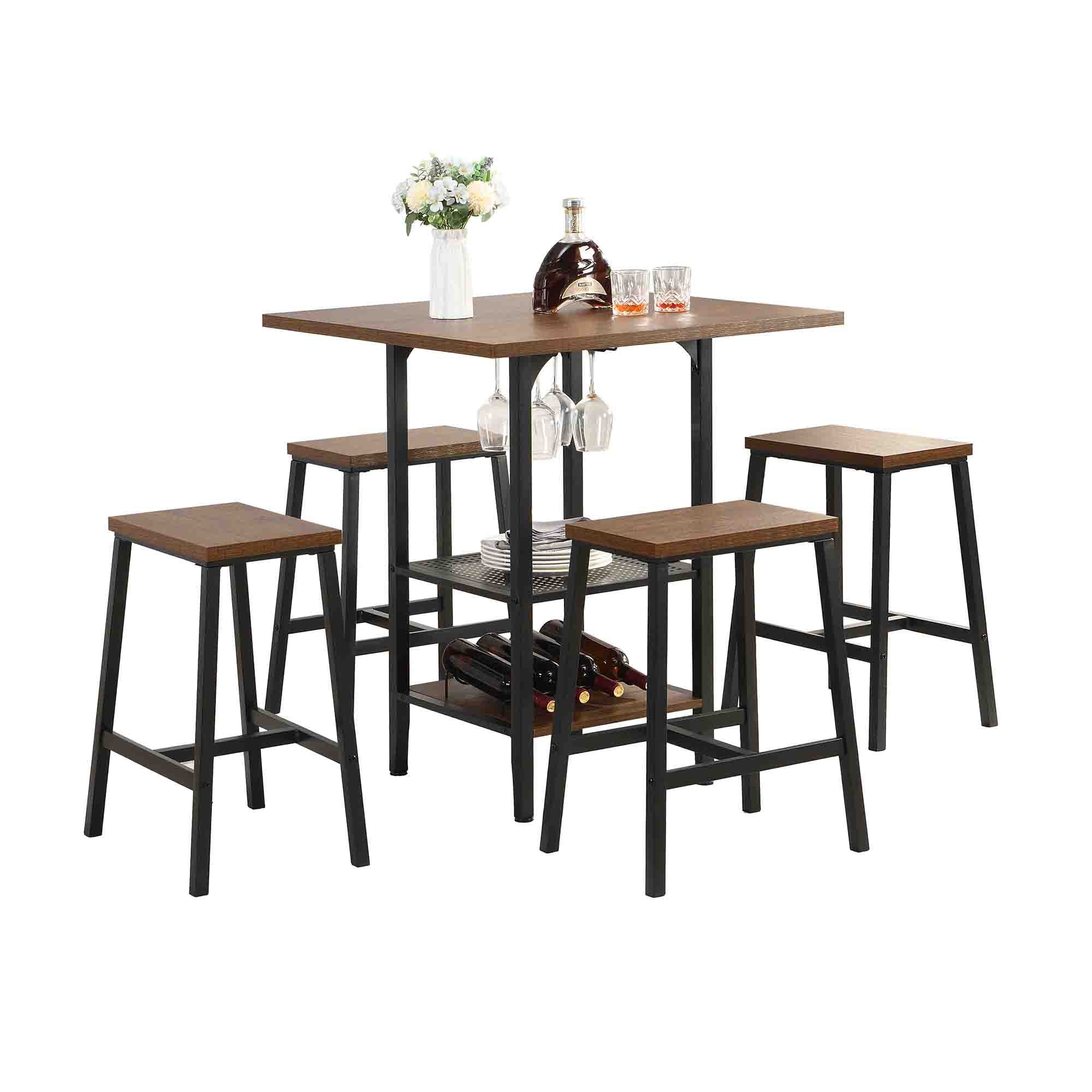 Kadyn Bar Table and Chairs Set for 4, 5 Piece Bar Kitchen Counter Height Table with Glass and Wine Holder, Brown