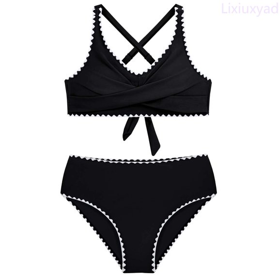 Lixiuxyad Girls Swimsuit Criss Cross Tie Back Bikini Sets Contrast Trim Swimwear Two Piece Bathing Suit for Kids,Sizes 9-10 Years
