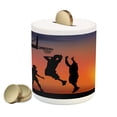 thumbnail image 1 of Teen Room Piggy Bank, Boys Playing Basketball at Sunset Horizon Sky Dramatic Scenery, Ceramic Coin Bank Money Box for Cash Saving, 3.6" X 3.2", Dark Coral Black Yellow, by Ambesonne, 1 of 4