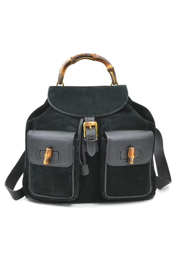 Pre-Owned Gucci Bamboo Suede/Leather Backpack in Black and Gold, Women's, 8M0381 OZ8... (Good)