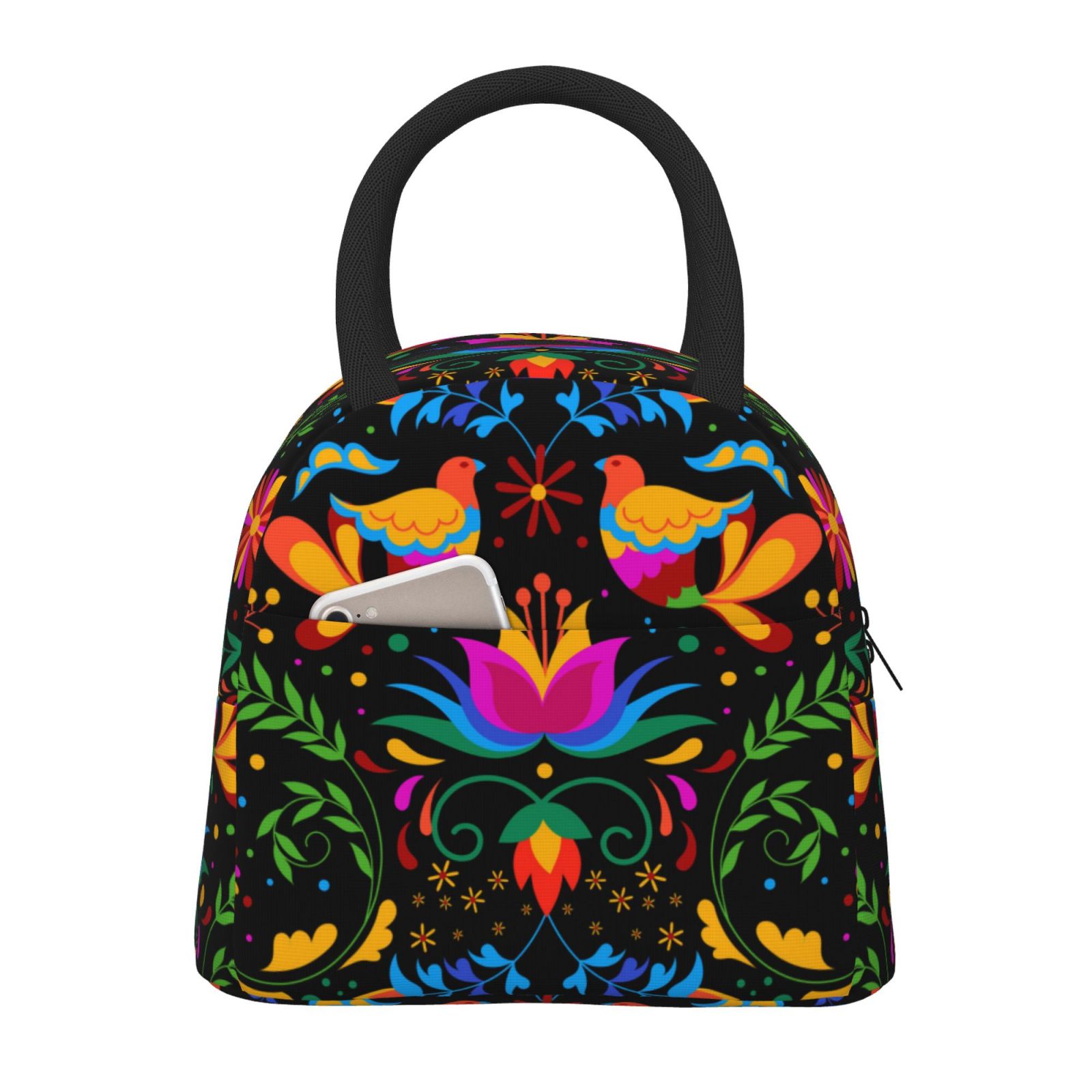 Horeoi Mexican Flower Traditional1 Pattern Large Insulated Lunch Bag for Work, School, Picnic - Waterproof, Durable Oxford Cloth, Comfortable Handle-Black