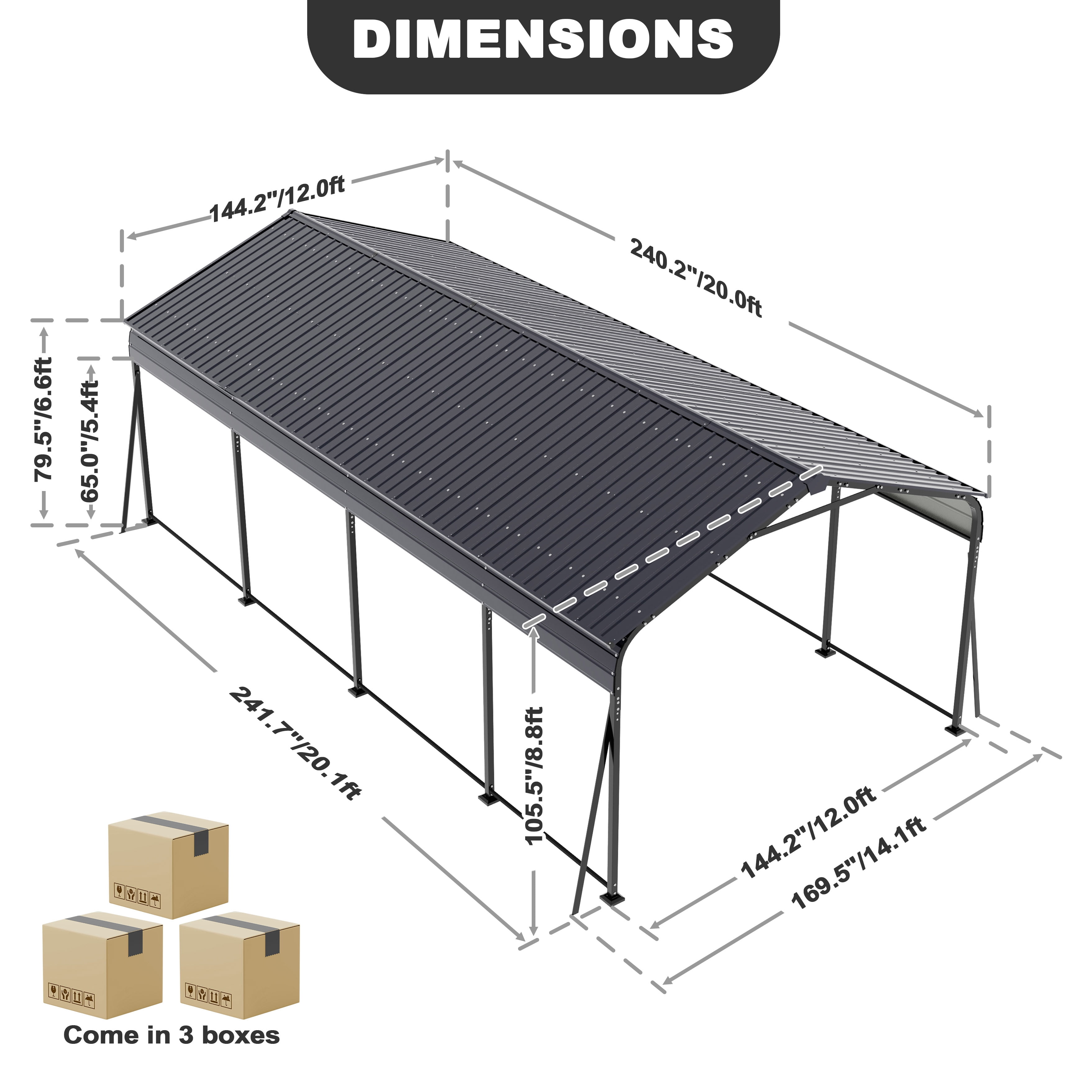 Nuu Garden 20 x 12 FT Steel Carport, Oversized Carport Garage with Enhanced Base, Outdoor All-Weather Car Shelter, Heavy Duty Carports Canopy, Dark Gray and Black