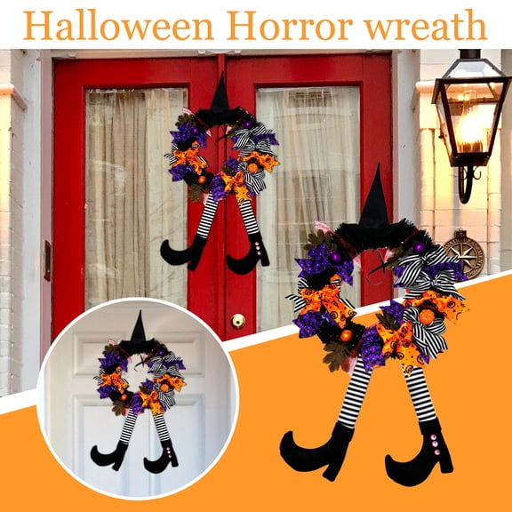 Clearance Under $13 Pumpkin Witch Wreath with Legs, Orange Mesh Front Door Halloween Decor