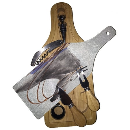 

KuzmarK Wine & Cheese Glass Cutting Board Wood Box Gift Set - Dappled Gray Quarter Horse Art by Denise Every