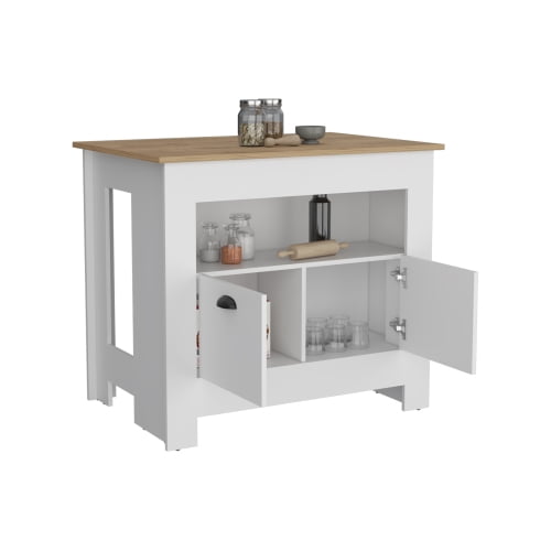 Cterwk Kitchen Island with 2 Door Cabinet and Shelf, Wood Top Island Table for Living Room, Dining Room, White