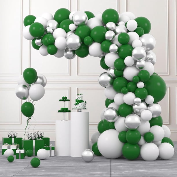 Kit de arco de globos PASOCON, verde esmeralda, plata y blanco