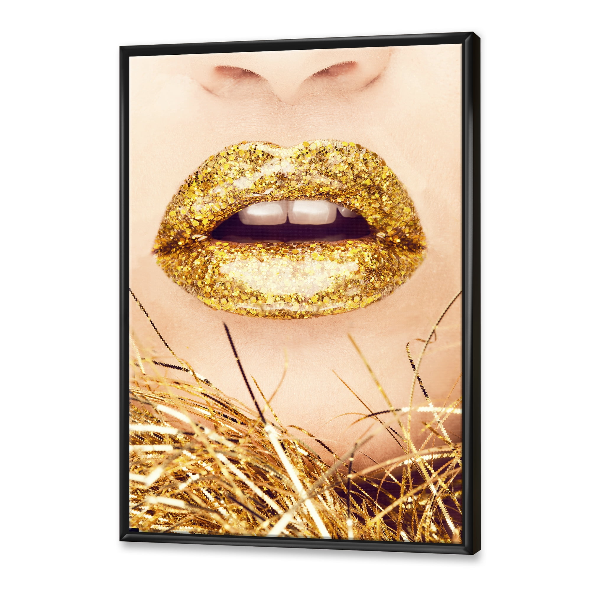 Designart 'Close-Up Of Golden Female Lips I' Modern Framed Canvas Wall Art Print