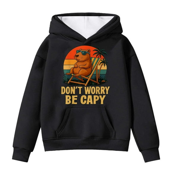 SonxaHe Toddler Girl's Hoodies Cartoon Capybara Print Long Sleeve Pocket Hooded Sweatshirt Soft Loose Autumn Winter Hoodies Black,Sized 4-5