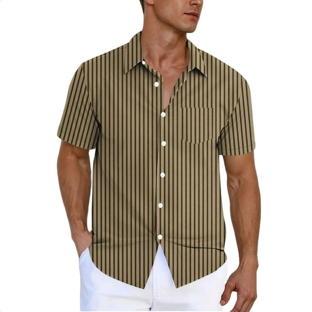 Pisexur Shirts for Man T Chemises Verticales à Manches Courtes Col Rabattu Bouton Cardigan Poche Haut Chemise Marron, 3TG Chemises de Golf Hommes & Chemises Hommes