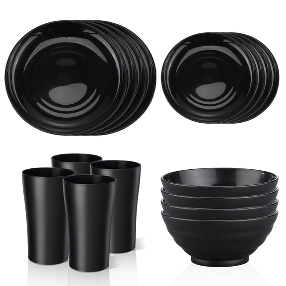Bestdin Black Dinnerware Set for 4, 16 Pieces Plastic BPA-Free Dinner Plates, Salad Plates, Cereal Bowls, Cups, Unbreakable Plates and Bowls Sets for Kitchen, Microwave and Dishwasher Safe