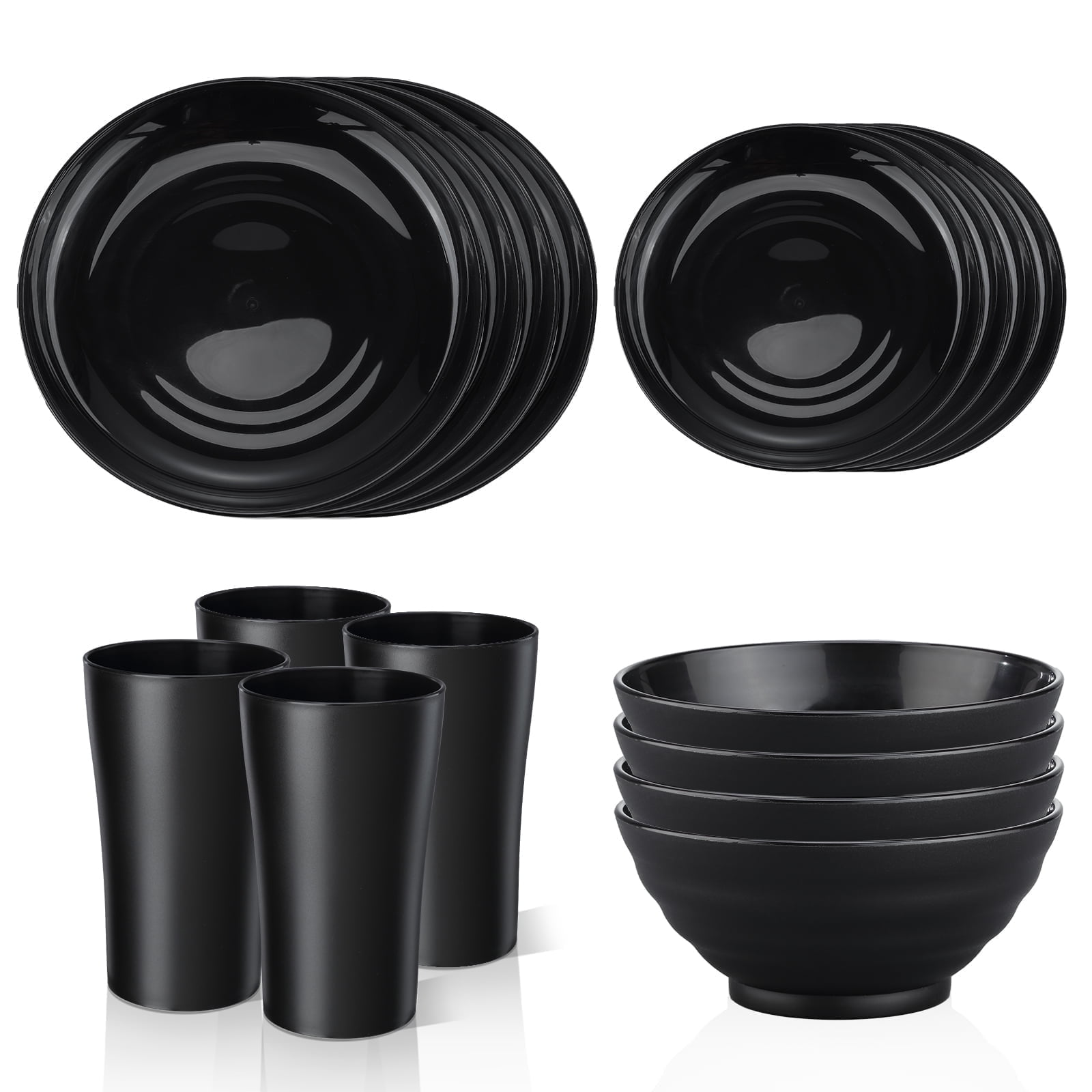Bestdin Black Dinnerware Set for 4, 16 Pieces Plastic BPA-Free Dinner Plates, Salad Plates, Cereal Bowls, Cups, Unbreakable Plates and Bowls Sets for Kitchen, Microwave and Dishwasher Safe