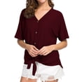 thumbnail image 4 of JWD Womens Waffle Knit Tunic Blouse Tie Knot Short Sleeve Henley Tops Loose Fitting Bat Wing Shirts Wine Red Small, 4 of 5