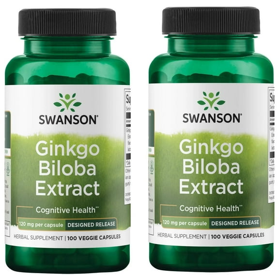 Swanson Ginkgo Biloba Extract Standardized Delayed-Release Memory Brain Cognitive Function Health Supplement 120 mg (24% flavone glycosides, 6% terpene lactones) 100 Veggie Drcaps (2 Pack)