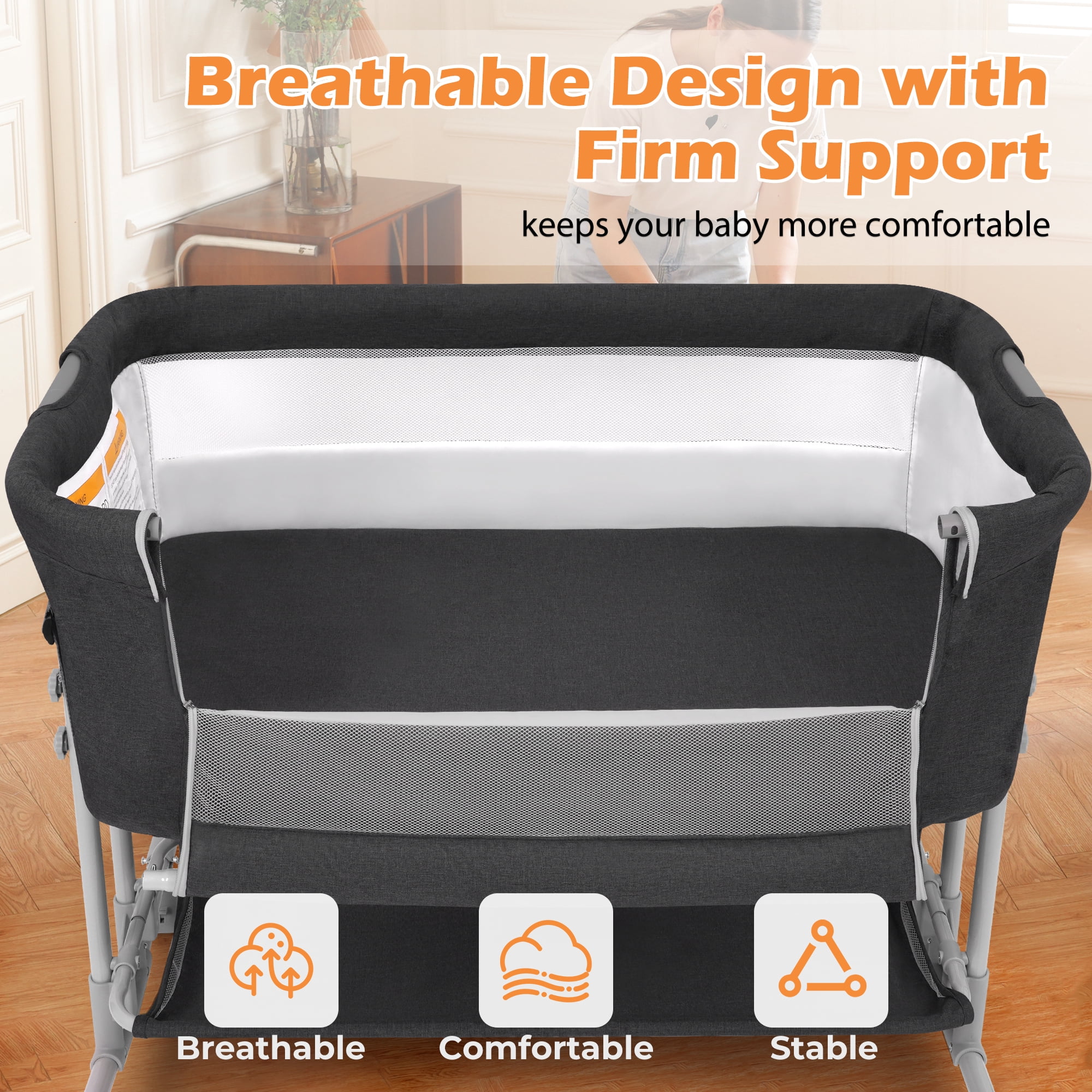 Babyeap Baby Bassinet Bedside Sleeper Bassinet for 0–5 Months Infants, Unisex, Dark Gray