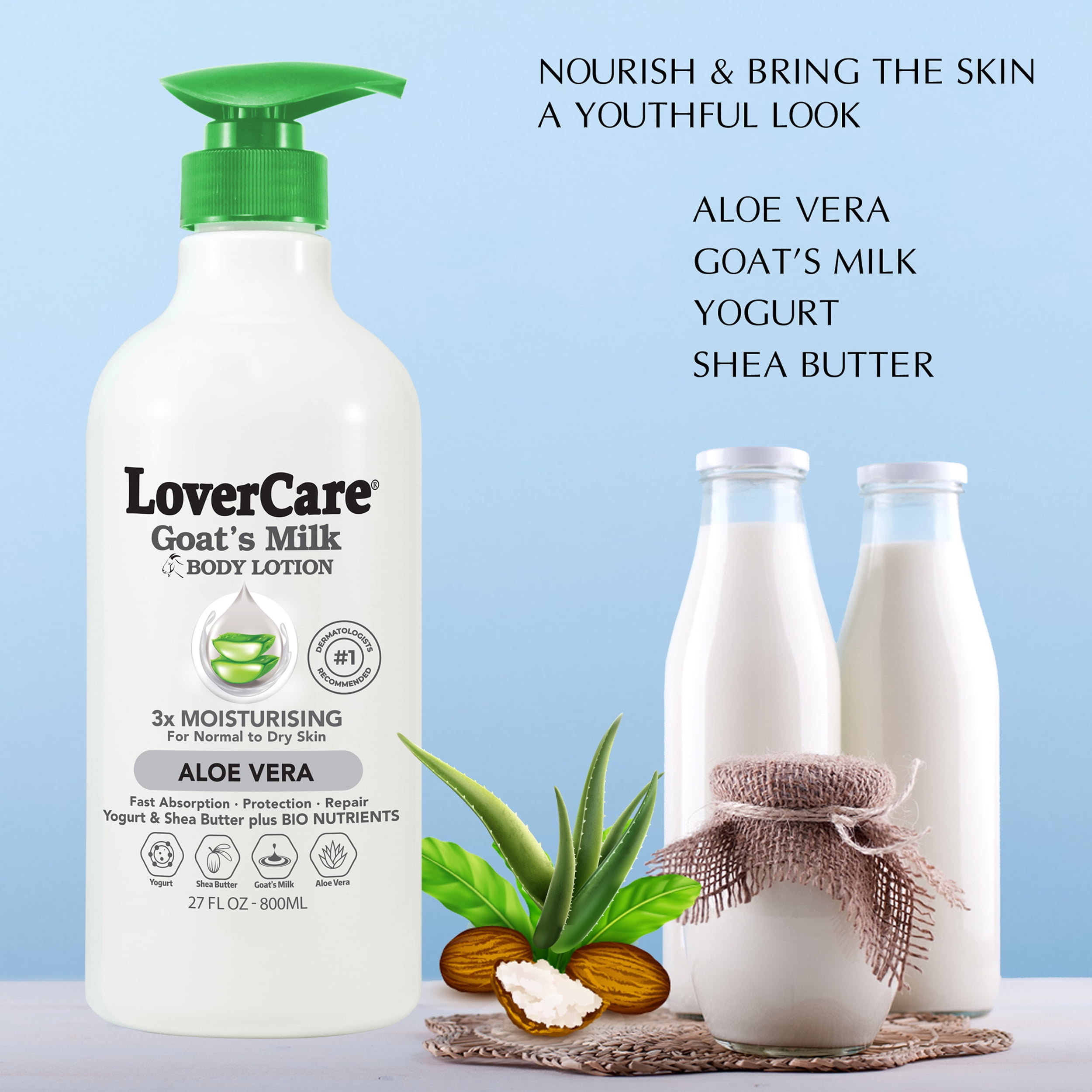 (2 pack) LoverCare goat's milk body lotion 3x moisturising Aloe Vera 27 fl oz 800 ml