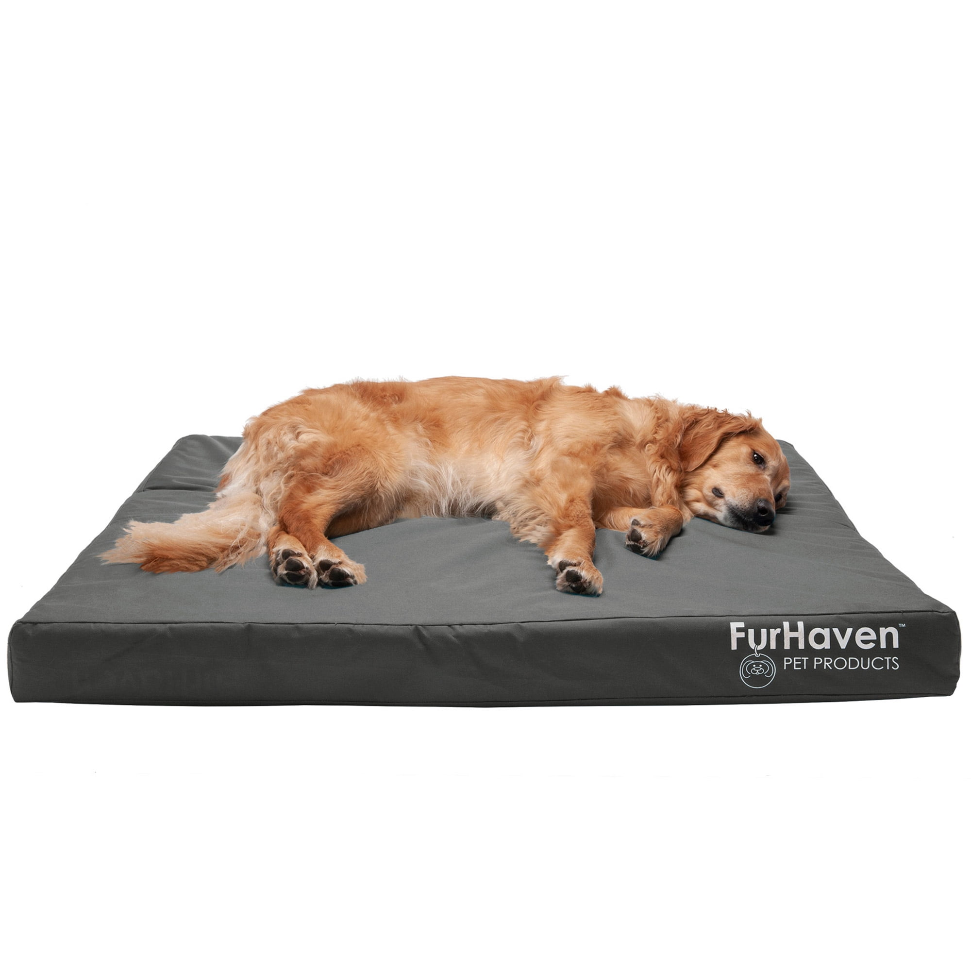 Large Furhaven Orthopedic Pet Bed for Dogs and Cats Stone Gray Water-Resistant Indoor-Outdoor Oxford Polycanvas Logo Print with Removable Washable Cover