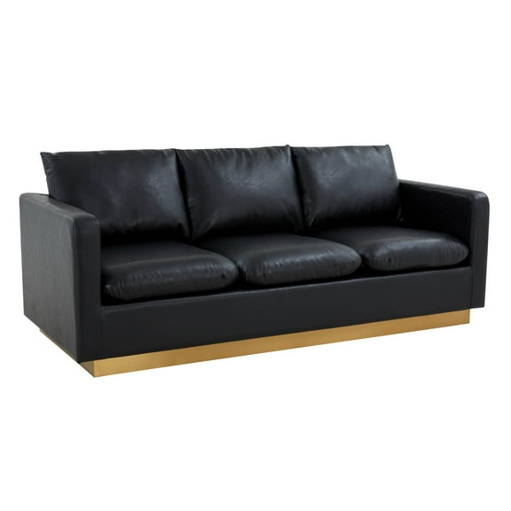 LeisureMod Nervo Modern Leather Upholstered Sofa With Gold Frame in Black