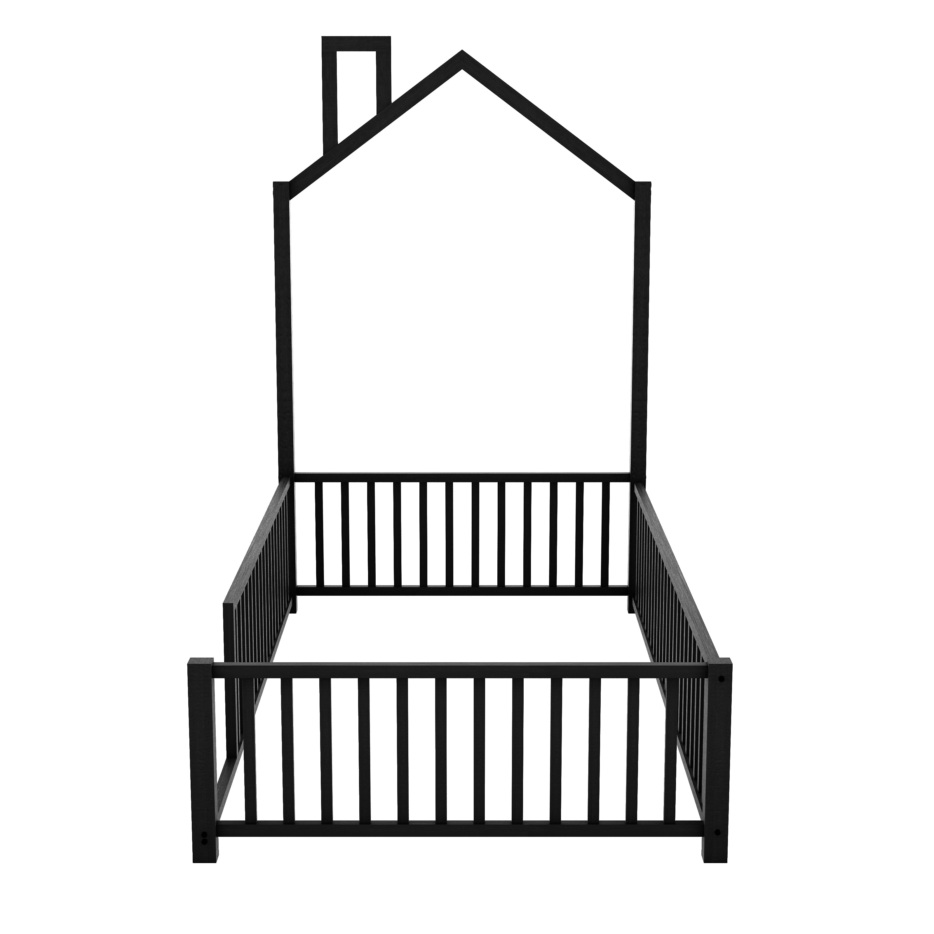 MODERNLUXE Twin Size Platform Bed Frame, House Floor Bed with Guardrail and Chimney, Black