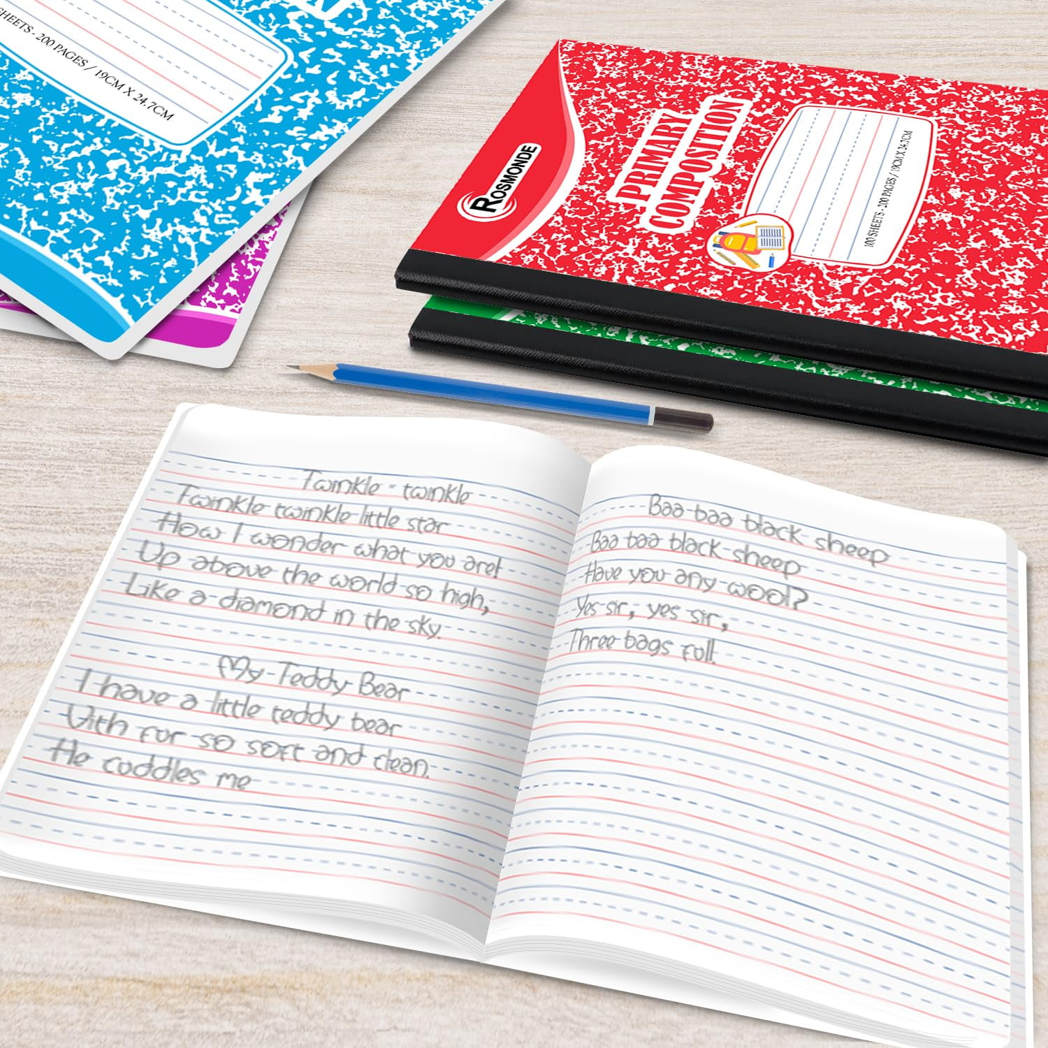 Rosmonde Composition Notebooks Primary Ruled 50 Pack, 200 Pages (100 Sheets), Color Marble Composition Notebook, Sewn Binding Hard Cover, Primary Composition Notebook for Kids, Writing Dotted Lined