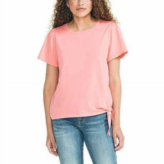 Nautica Women's Lightweight Cotton Jersey Tee Side Tie T-Shirt-Pink / S