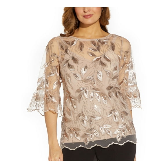 ADRIANNA PAPELL Womens Beige Embellished Zippered Scalloped Lined Bell Sleeve Boat Neck Evening Top 2