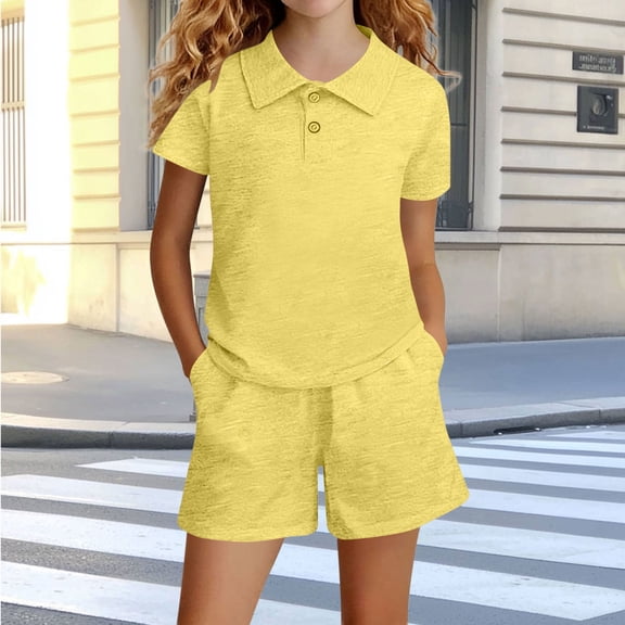 ZyeKqe 2 Piece Summer Sets for Kids Button Front Collared Short Sleeve Shirts Match Casual Shorts with Pockets Girls Outfits(13-14 Years,Yellow)