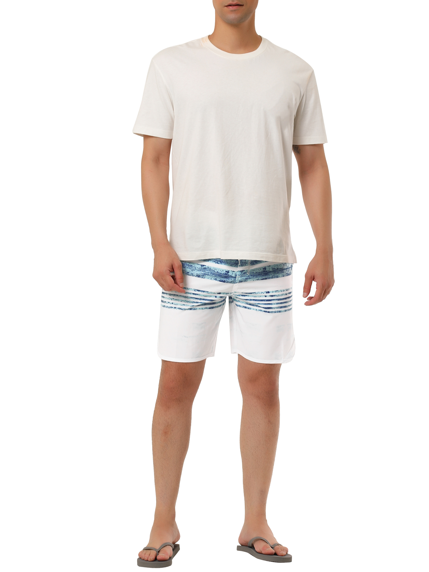 Unique Bargains Men's Striped Beach Shorts Color Block Board Surfing Shorts 32 White Blue