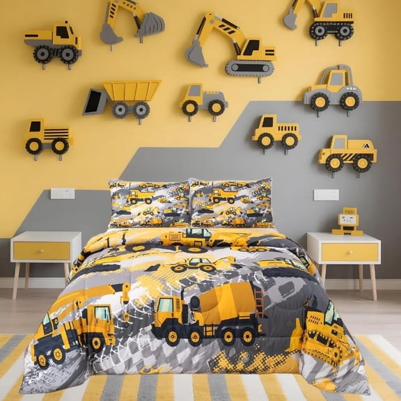 Kids Construction Comforter Set Twin Bedding Sets for Boys Toddler Children Cartoon Cars Excavator Tractor Duvet Set with Pillow Case