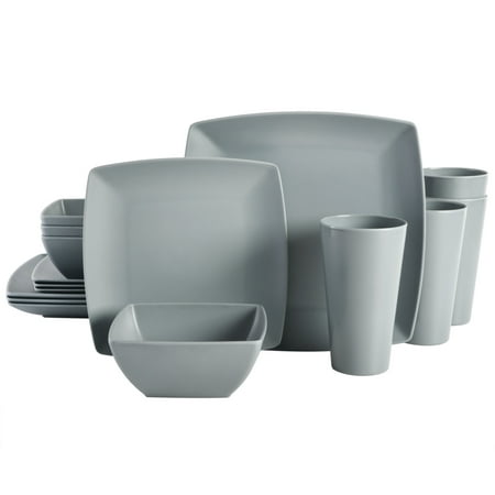Gibson Home 16 Piece Square Melamine Dinnerware Set Plates, Bowls, & Cups, Grey