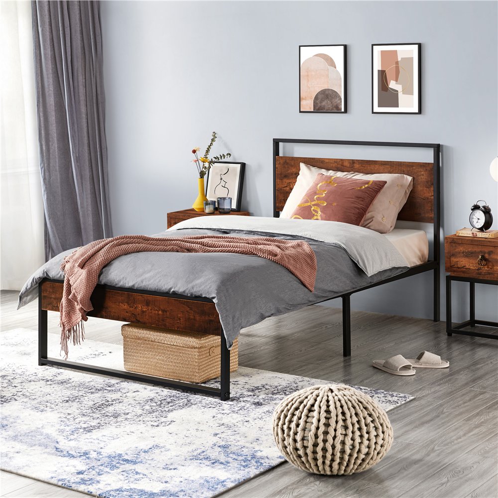 Topeakmart Rustic Metal Bed Frame Slatted Bed Base with Wooden Headboard and Footboard, Twin