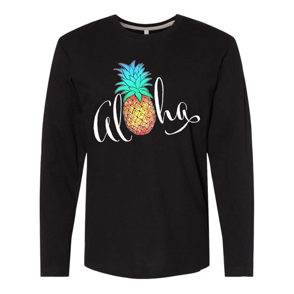 Inktastic Aloha- in cursive with pineapple rainbow colors Long Sleeve T-Shirt