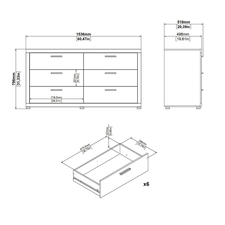 Tvilum Mira 6 Drawer Double Dresser for Adults, Jackson Hickory