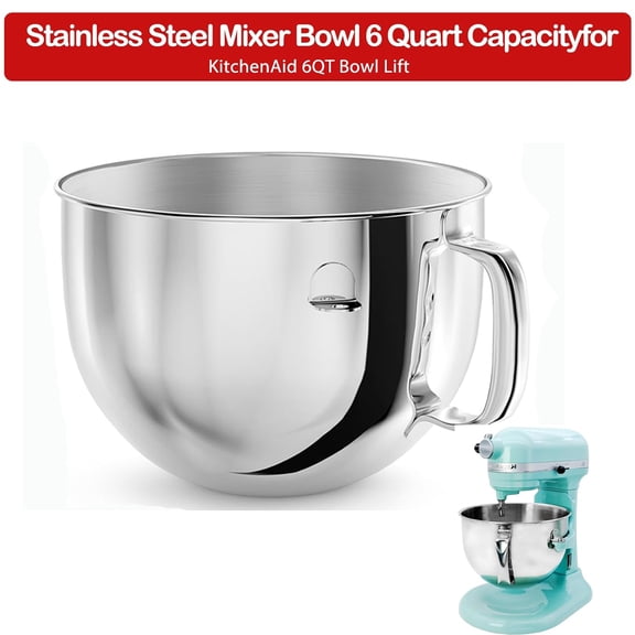 Stainless Steel Mixer Bowl, 6 Quart Kitchen Aid Mixing Bowl for Kitchenaid Stand Mixers, Dishwasher Safe, Ergonomic Handle