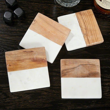 Ingram White Marble & Acacia Wood Coasters - Modern Clean Design, Set of 4