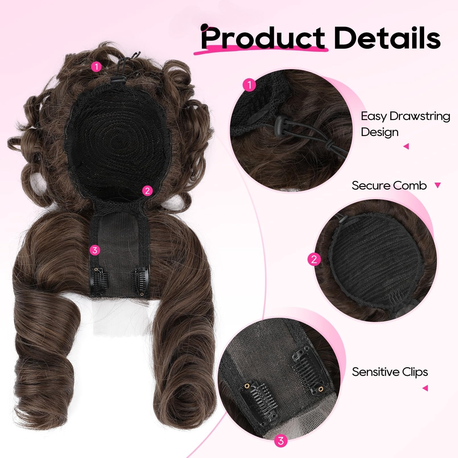 Curly Updo Wig with Bangs Messy Bun Hair Piece 2-in-1 Hair Topper Long Side Bangs Drawstring Ponytail Extension for Women Light Blonde