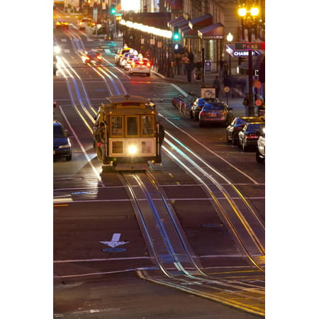Street Scene at Night with Historic San Francisco Street Car Print Wall Art By