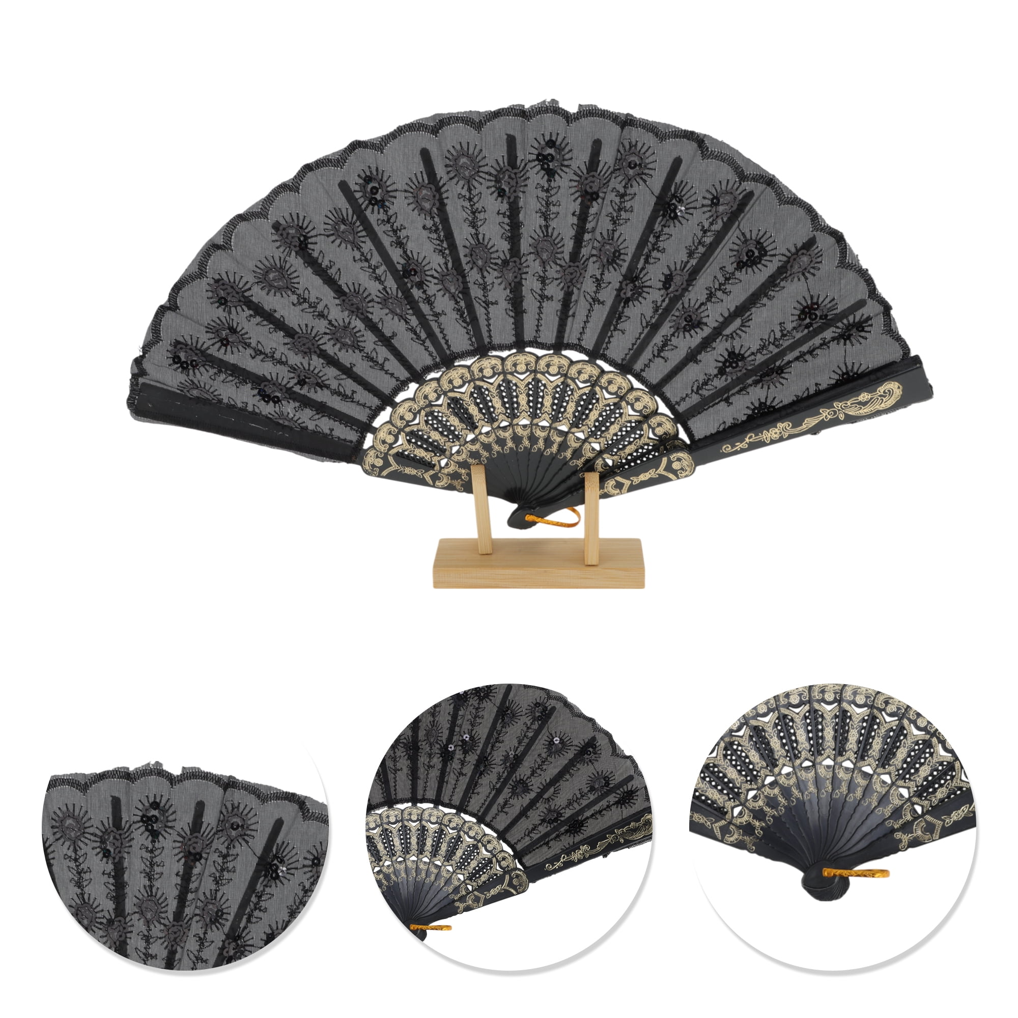 Unique Bargains Beautiful Sequins Folding Fan 1 Pc Black