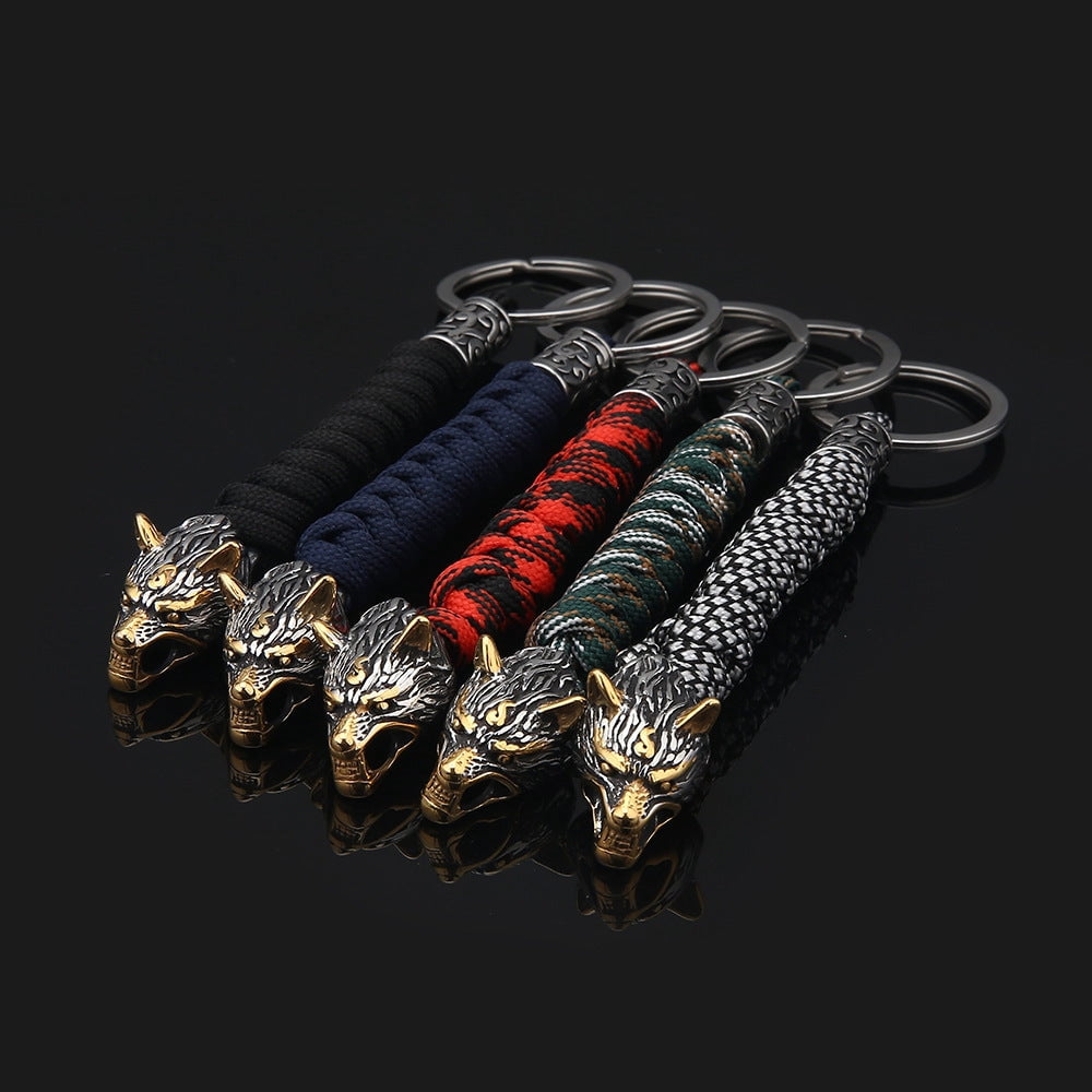 Paracord Key Ring with Wolf Head and Beads Durable Rope Weaving Keychain Stainless Steel Keyring 15cm Length Paracord