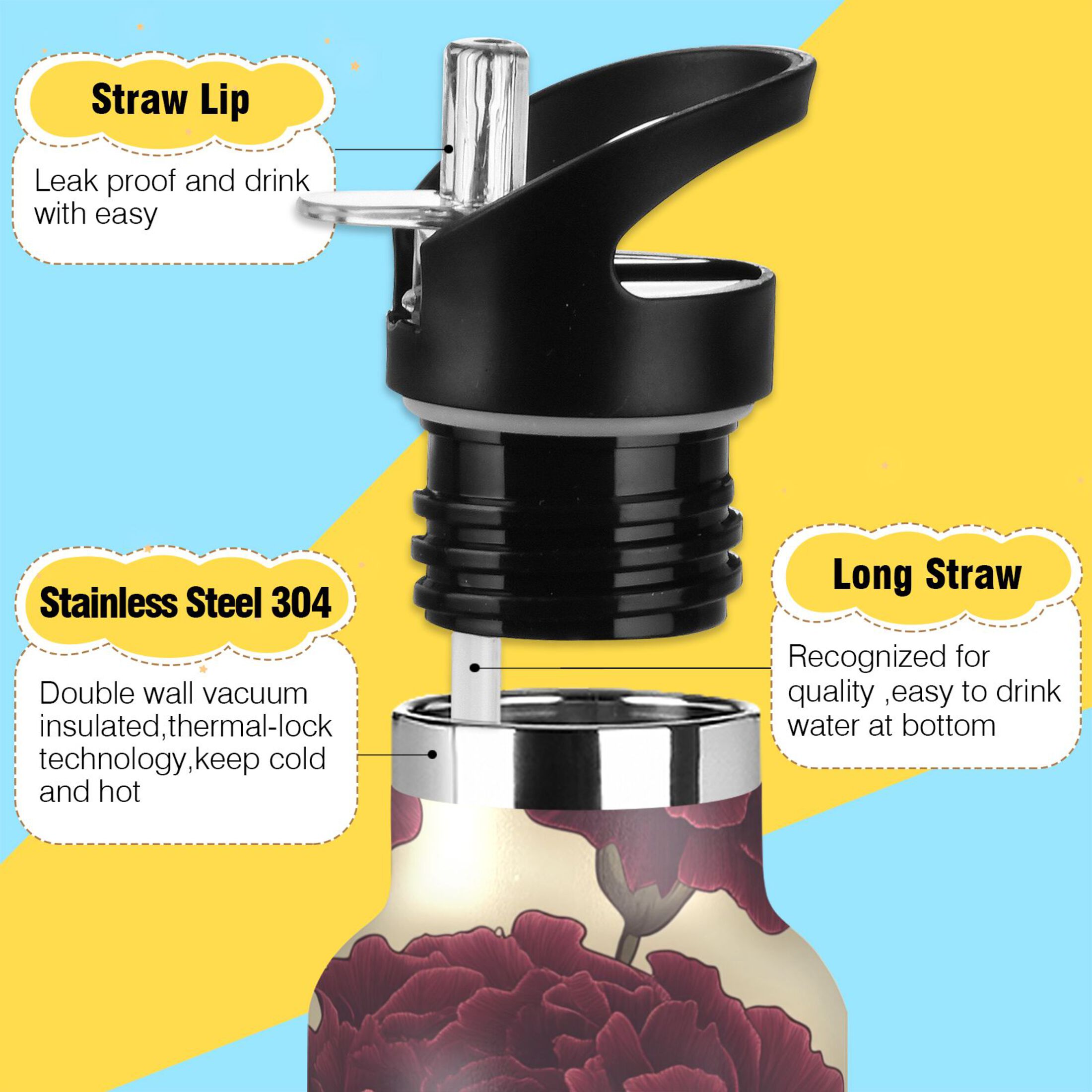 Kids Insulated Stainless Steel Sports Water Bottle 600ml (20oz) Dark Red Carnations