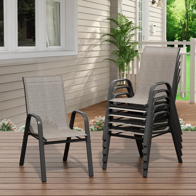 Patio Dining Chairs – Stackable Set of 6 Outdoor All-Weather Textilene Chairs – Armrests, Lightweight, High Back – for Deck, Garden, Poolside & Balcony – Black-Gray Frame + Brown Textilene