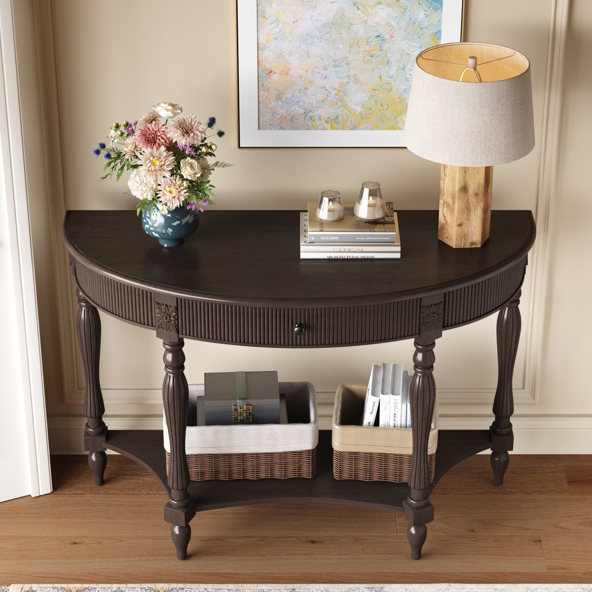 Half Moon Console Table 31.5x11.8x31.5 Inch Solid Wood Fluted Drawer for Entryway Living Room
