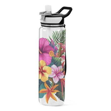 

32oz Transparent Sports Water Bottle with Straw BPA Free Tritan for Kids Adults Outdoor School Gym Fitness Tropical Flowers