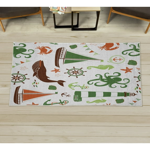 Nautical Decorative Rug, Pastel Colored Composition of Lighthouse Sailboat Fish Shells Octopus, Quality Carpet for Bedroom Dorm and Living Room, 6 Sizes, Green, by Ambesonne