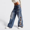 thumbnail image 3 of ManxiVoo Women High Waisted Embroidered Floral Denim Pants Loose Fit Street Fashion Casual Jeans L Size Blue, 3 of 8