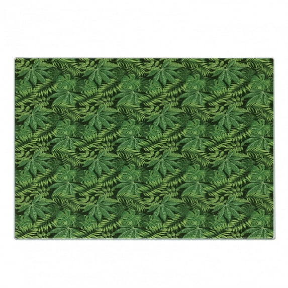 Exotic Cutting Board, Repetitive Tropical Pattern with Various Types Green Tones Jungle Leaves, Decorative Tempered Glass Cutting and Serving Board, in 3 Sizes, by Ambesonne