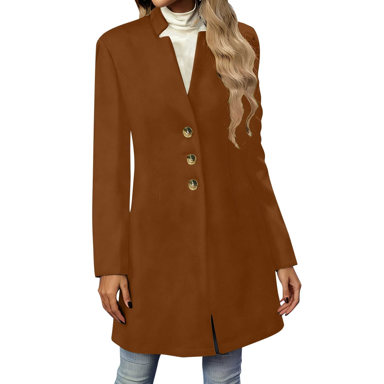 Women's Winter Wool Blend Camel Mid-Long Coat Casual Single-Breasted Lapel Jacket Outwear With Pockets