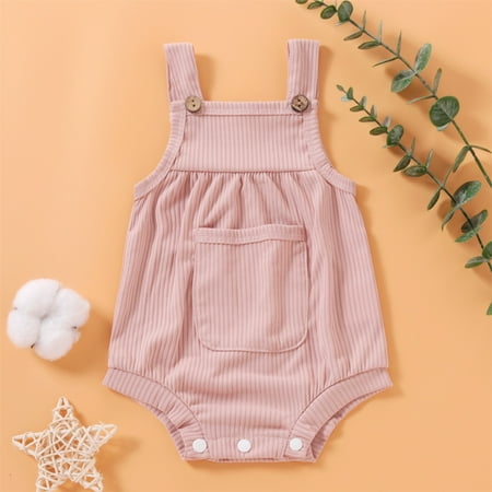 

PatPat Unisex Newborn Solid Color Romper Summr Outfit Sleeveless Jumpsuits with Front Pocket Baby Strap Bodysuit Baic Onesise 0-18 Month