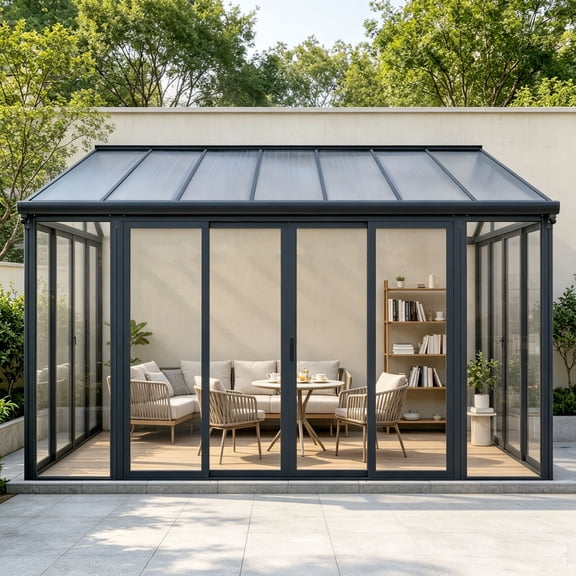 IMagacFun 10x14 Wall-Mounted Sunroom Enclosed Patio Cover Gazebo Solarium with Aluminum Alloy Frame,Outdoor All-Weather Gazebo with Polycarbonate Roof and Lockable Sliding Doors for Garden Deck Black