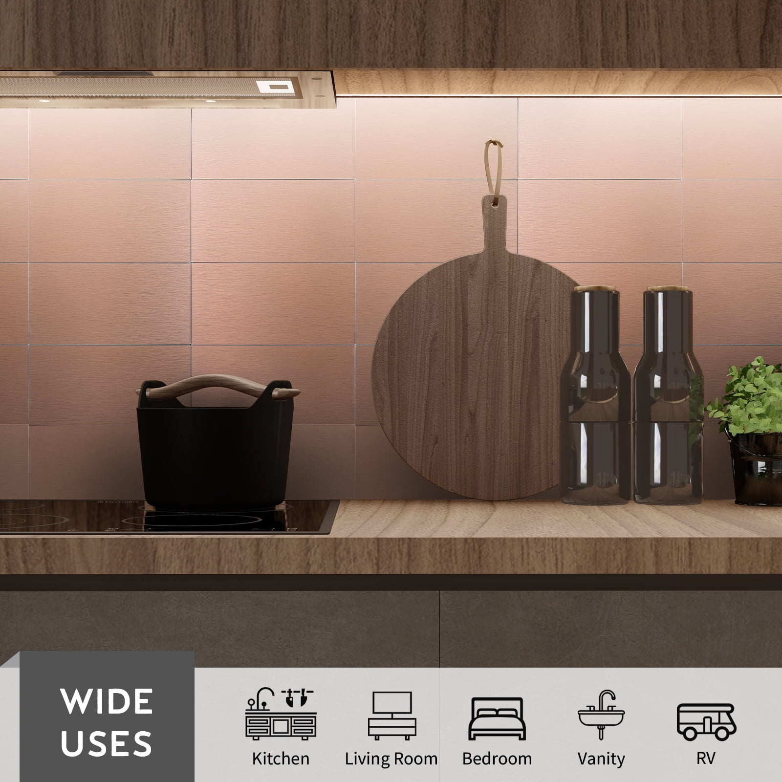 48 Pieces Peel and Stick Backsplash, 3"x6" Metal Backsplash Copper Peel and Stick Subway Wall Tiles for Kitchen