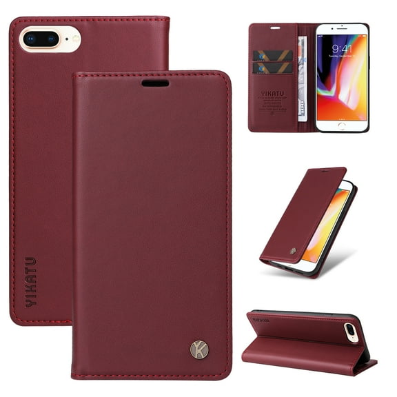 Cutyskin for iPhone 8 Plus / 7 Plus Case Wallet Card Holders-Premium Leather RFID Blocking Flip Book Cover [Shockproof TPU Shell] Folio Magnetic Closure Luxury Phone Case Kickstand Women Men,Winered